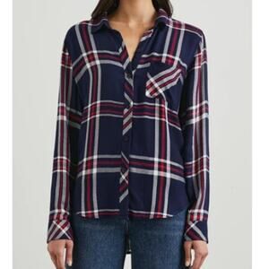 RAILS REVOLVE Kendra Flannel Long Sleeve Navy Red White Plaid Button Shirt Top S